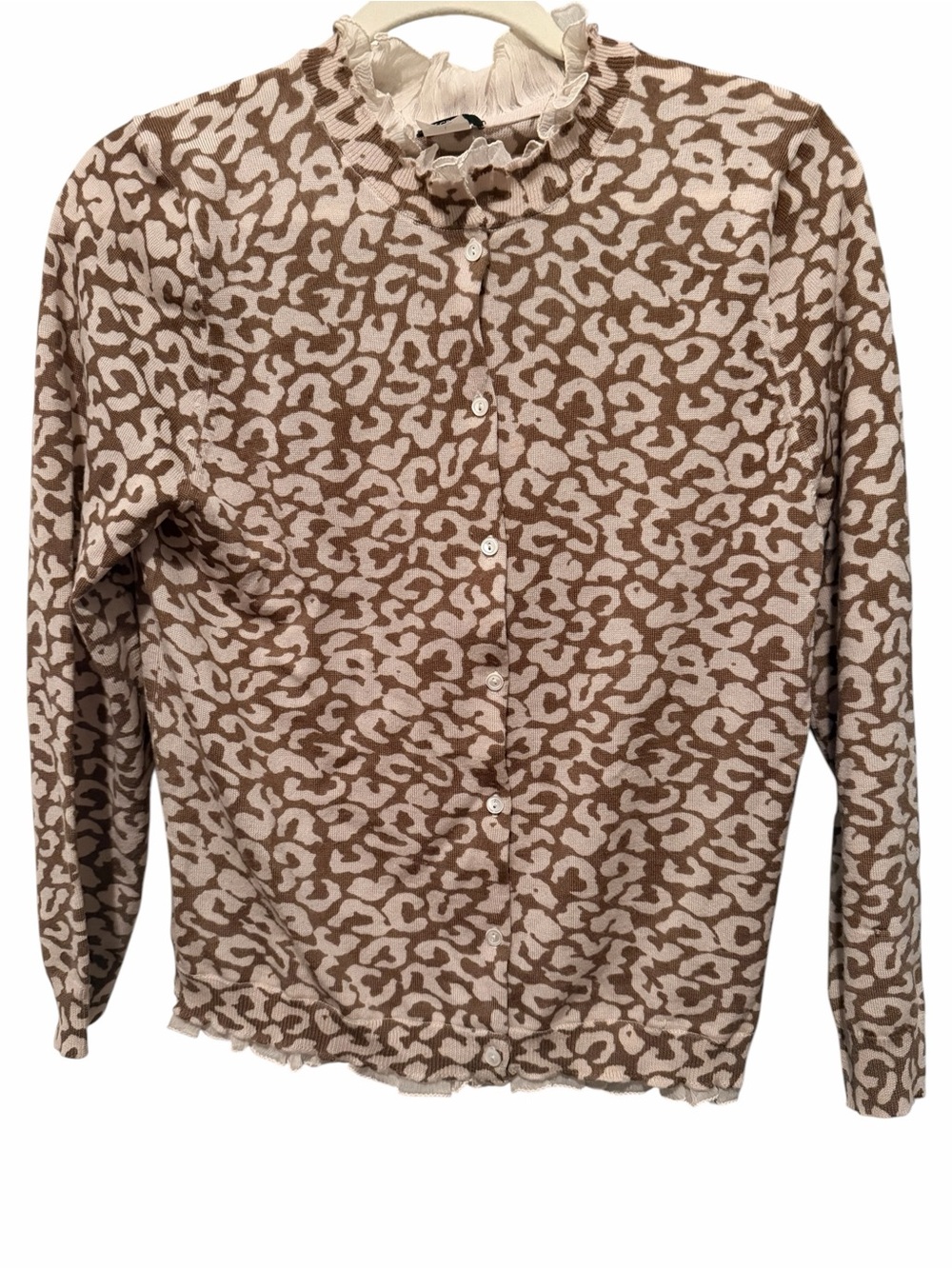 J. Crew Beige & Brown Leopard-Print Ruffle Neck Button-Down NWOT Large